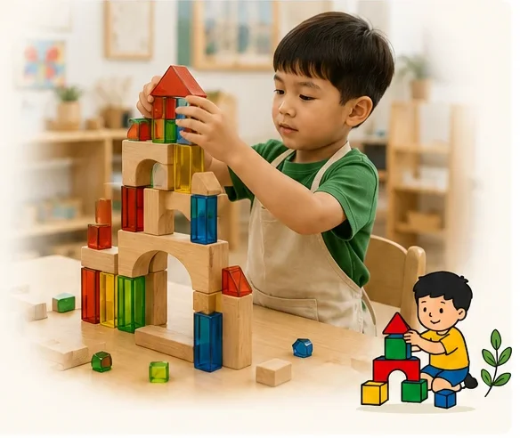 A boy carefully building a tall tower of wooden and colored blocks