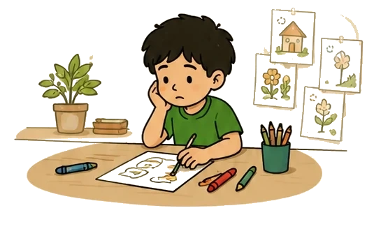A young boy drawing alone at a desk, looking discouraged