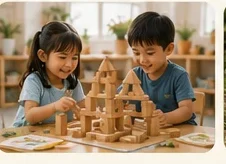 Two children building a wooden block castle