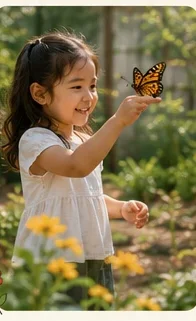 A girl marveling at a butterfly resting on her hand