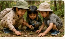 Children exploring nature with magnifying glasses