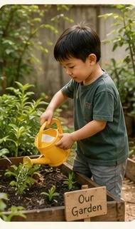 A boy watering plants in the school garden