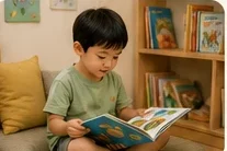 A boy reading a picture book in the cozy corner