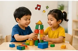 Two children building a colorful block tower at school