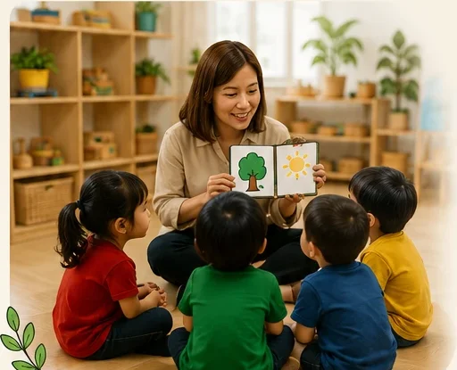 A teacher showing flashcards to a circle of curious children