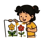A girl proudly holding up her flower painting