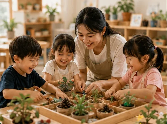 A teacher planting seedlings with three delighted children